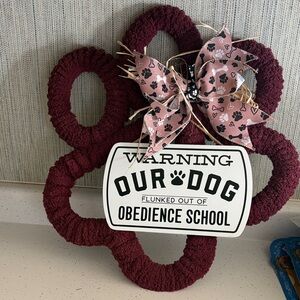 Hand Crafted Burgundy Dog Paw Wreath with Pink Bow